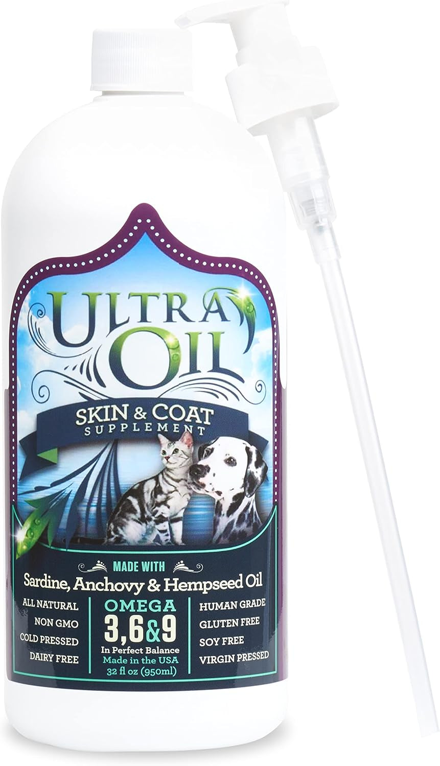 Ultra Oil Dog & Cat Supplement with Hemp, Flaxseed & Fish Oils - 32Oz - for Dry Skin, Dull Coat, Hot Spots, Dandruff, Allergies