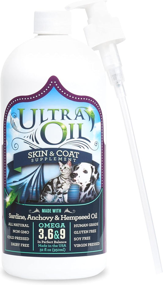 Ultra Oil Dog & Cat Supplement with Hemp, Flaxseed & Fish Oils - 32Oz - for Dry Skin, Dull Coat, Hot Spots, Dandruff, Allergies