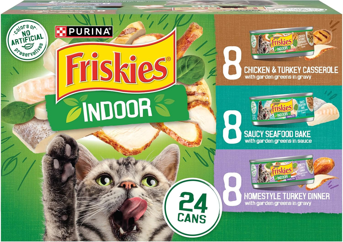 Purina  Indoor Cat Food 24Ct VP - (Chicken and Turkey Casserole, Saucy Seafood Bake, Homestyle Turkey Dinner) - (Pack of 24) 5.5 Oz. Cans