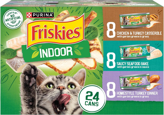 Purina  Indoor Cat Food 24Ct VP - (Chicken and Turkey Casserole, Saucy Seafood Bake, Homestyle Turkey Dinner) - (Pack of 24) 5.5 Oz. Cans