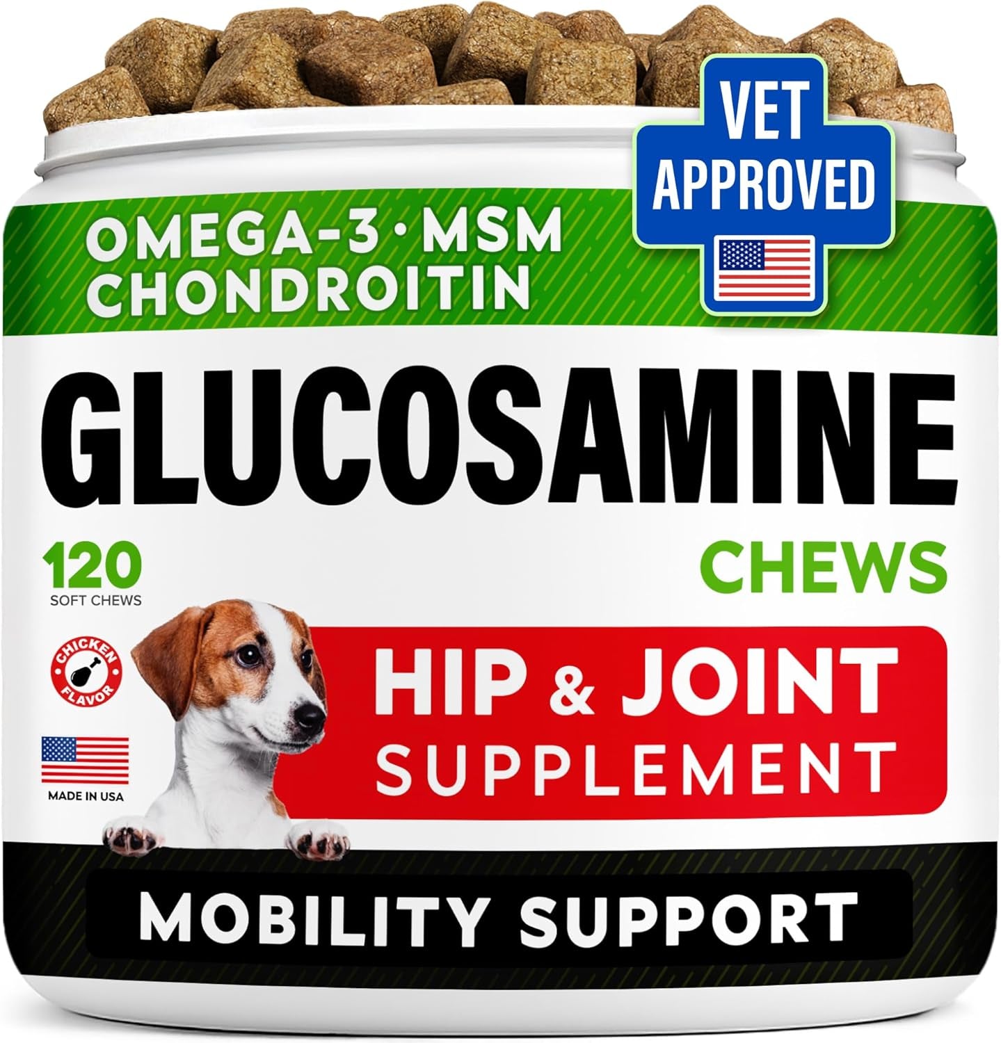 Glucosamine Treats for Dogs - Joint Supplement W/Omega-3 Fish Oil - Chondroitin, MSM - Advanced Mobility Chews - Joint Pain Relief - Hip & Joint Care - Chicken Flavor - 120 Ct - Made in USA