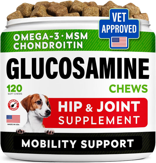 Glucosamine Treats for Dogs - Joint Supplement W/Omega-3 Fish Oil - Chondroitin, MSM - Advanced Mobility Chews - Joint Pain Relief - Hip & Joint Care - Chicken Flavor - 120 Ct - Made in USA