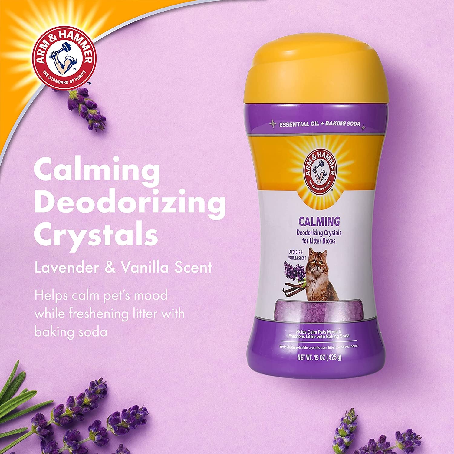 Cat Crystal Deodorizer for Kitty Litter Box - Calming Lavender & Vanilla Scented Cat Litter Smell Eliminator - Crystal Odor Control for Cats Mess Cleanup - Pet Home Supplies, 15 Oz