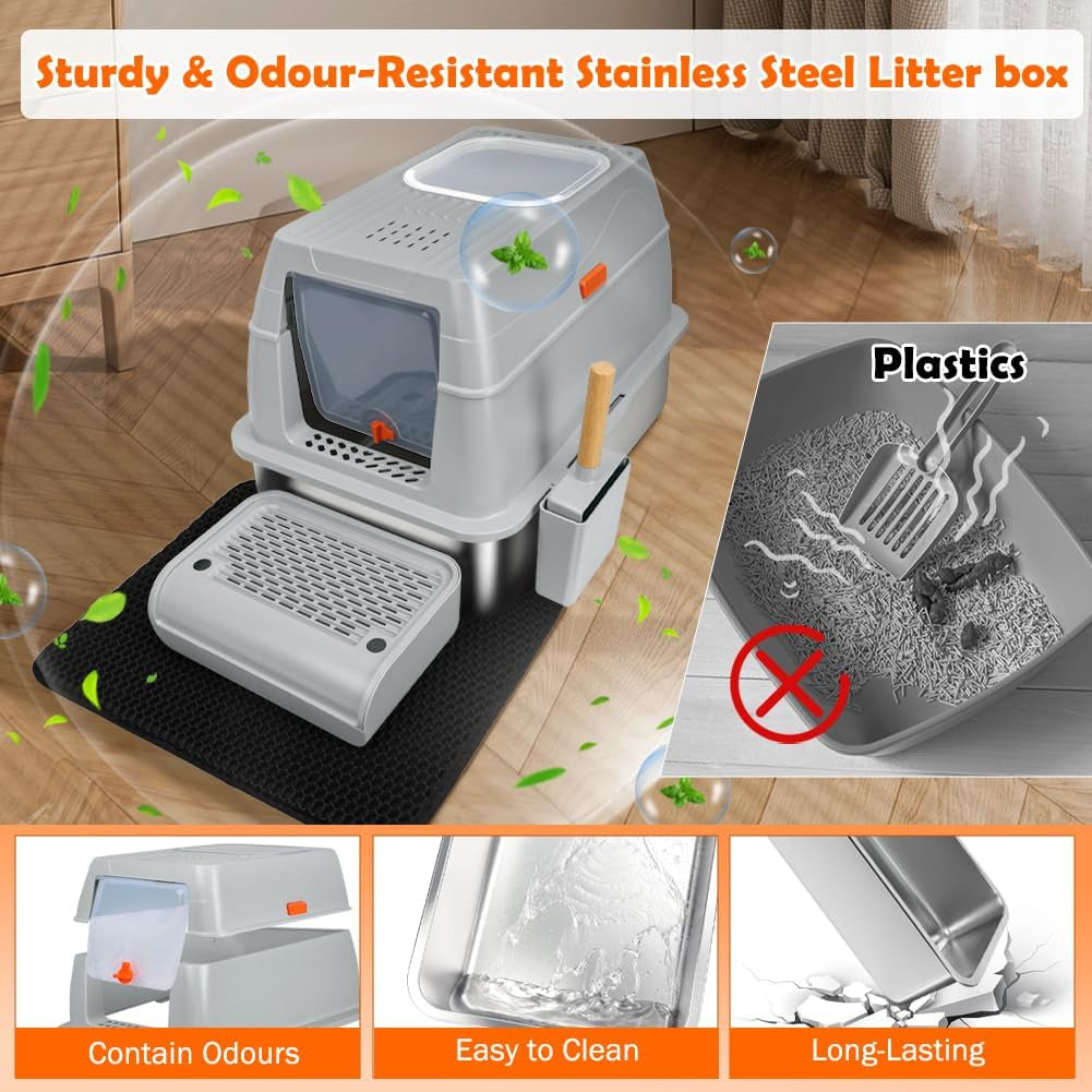 XL Stainless Steel Litter Box, Top Exit Design, Non Stick, No Smell, Easy Cleaning, Activated Charcoal Odor Control Design, Half/Fully Enclosed Design, Footboard, Trapping Mat & Scoop Included