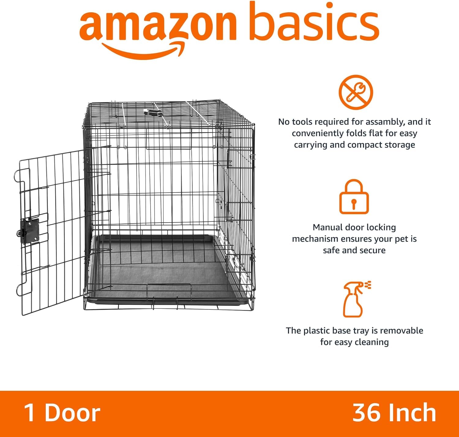 Durable, Foldable, Collapsible, Portable Metal Wire Dog Crate with Tray, Single Door with Divider Panel, Easy to Assemble & Clean, 36 X 23 X 25 In, Black
