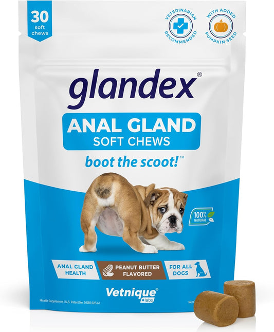 Labs Glandex Anal Gland Soft Chew Treats with Pumpkin for Dogs Digestive Enzymes, Probiotics Fiber Supplement for Dogs Boot the Scoot (Peanut Butter Chews, 30 Count)