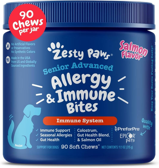 Dog Allergy Relief - anti Itch Supplement - Omega 3 Probiotics for Dogs - Stop Paw Licking - Soft Chews for Skin Health & Seasonal Allergies - with Epicor Pets - Senior - Salmon - 90 Count