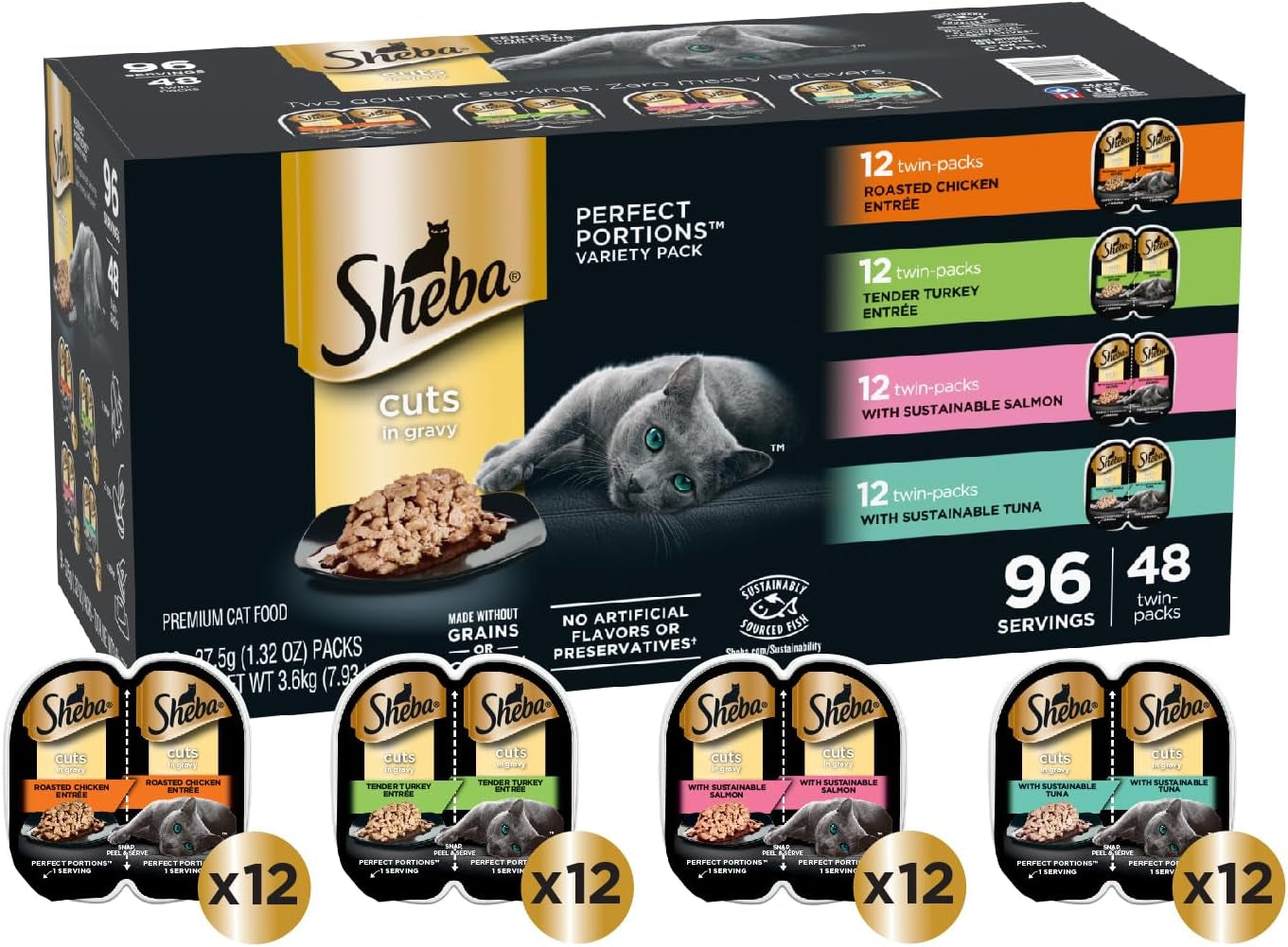 Perfect Portions Wet Cat Food Cuts in Gravy Variety Pack, Roasted Chicken, Tender Turkey, with Sustainable Salmon, and with Sustainable Tuna, 2.6 Oz. Twin-Pack Trays (48 Count, 96 Servings)