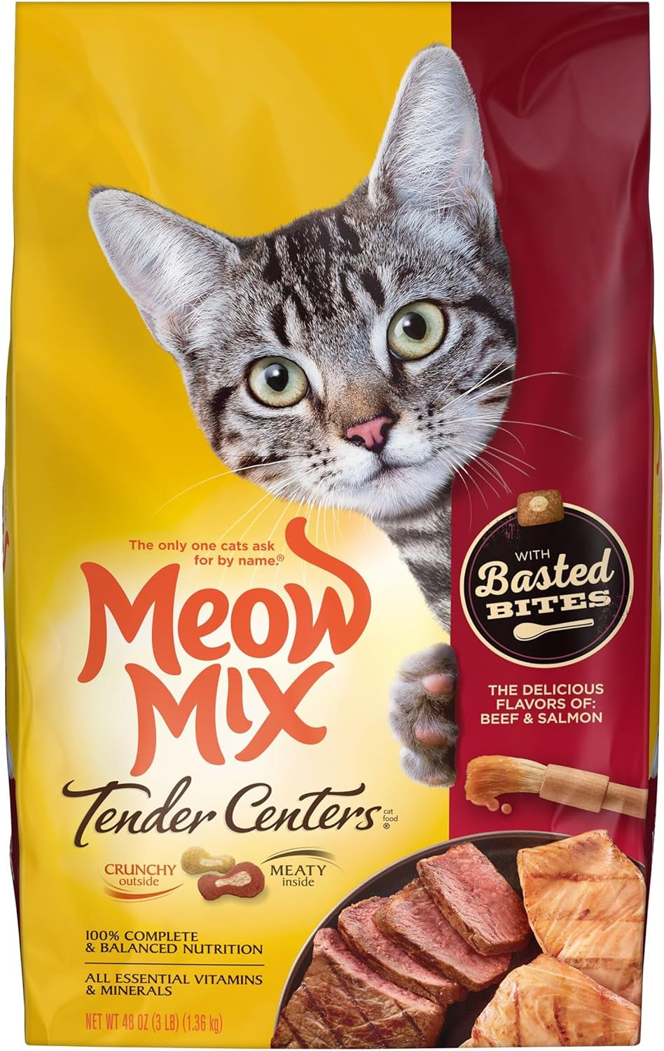 Tender Centers Basted Bites Dry Cat Food, Beef & Salmon Flavors, 3 Pound (Pack of 4), Crunchy outside Meaty Inside