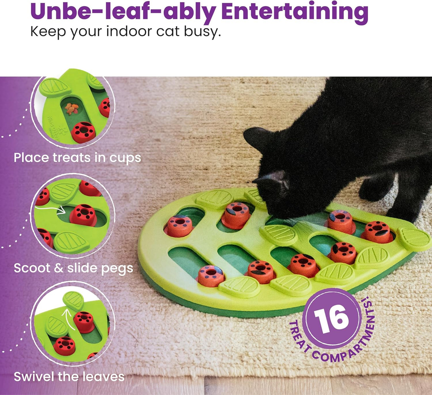 by Nina Ottosson Buggin Out Puzzle & Play – Interactive Treat Puzzle Feeder for Cats, 16 Hidden Treat Compartments Slow Feeder, Durable & Easy-Clean, 13 Inches, Green