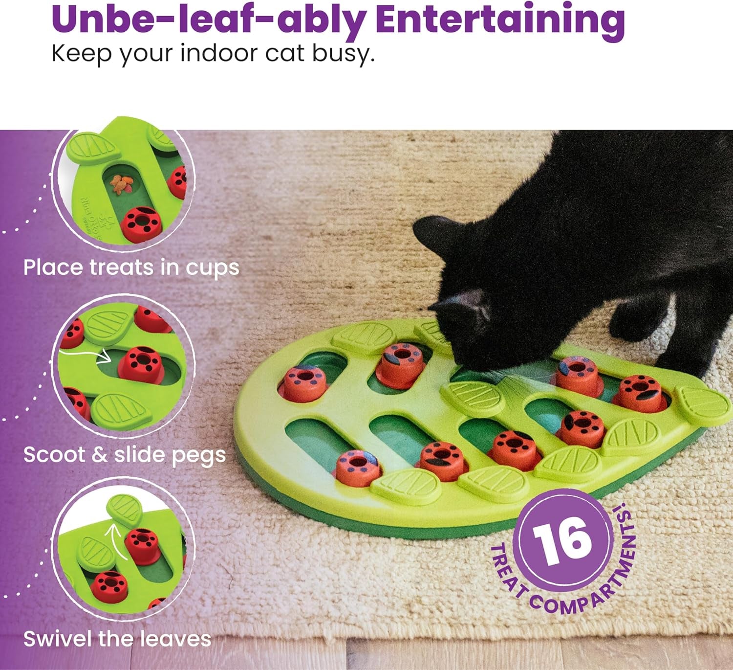 by Nina Ottosson Buggin Out Puzzle & Play – Interactive Treat Puzzle Feeder for Cats, 16 Hidden Treat Compartments Slow Feeder, Durable & Easy-Clean, 13 Inches, Green