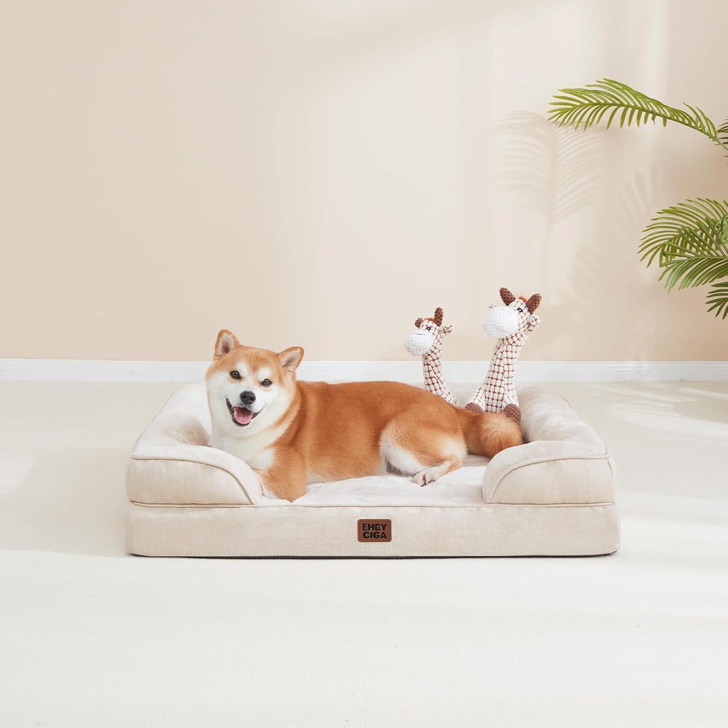 Orthopedic Dog Beds for Extra Large Dogs, Waterproof Memory Foam XL Pet Bed with Sides, Non-Slip Bottom and Egg-Crate Foam Big Dog Couch Bed with Washable Removable Cover, Beige