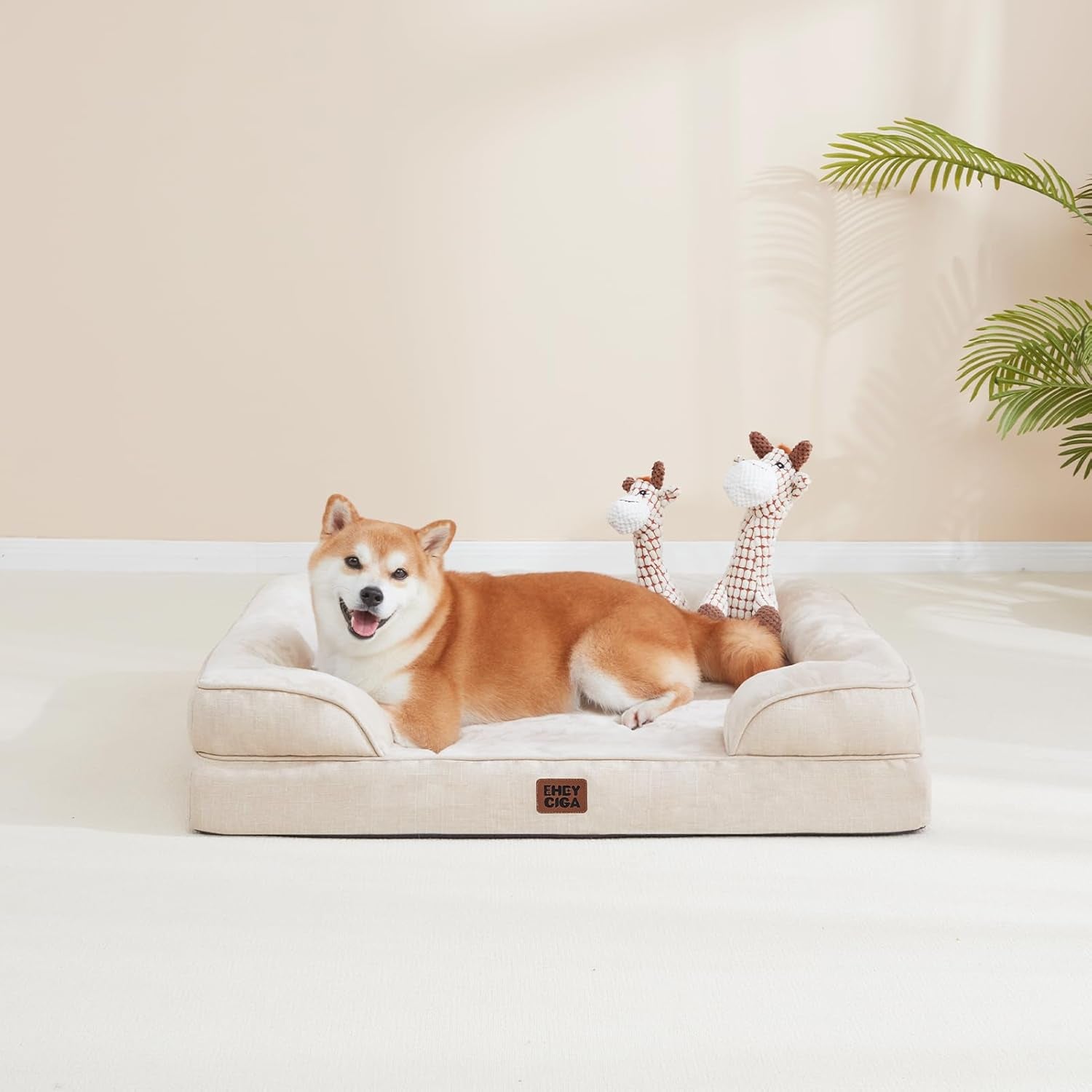 Orthopedic Dog Beds for Extra Large Dogs, Waterproof Memory Foam XL Pet Bed with Sides, Non-Slip Bottom and Egg-Crate Foam Big Dog Couch Bed with Washable Removable Cover, Beige