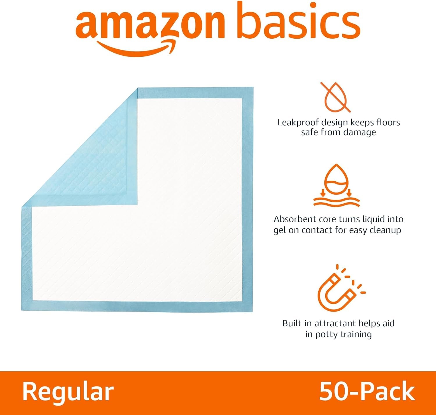 Heavy Duty Dog and Puppy Pee Pads, 5-Layer Leak-Proof Ultra Absorbent, Quick-Dry Surface, Potty Training, Regular (24X23"), 50 Count, Blue & White
