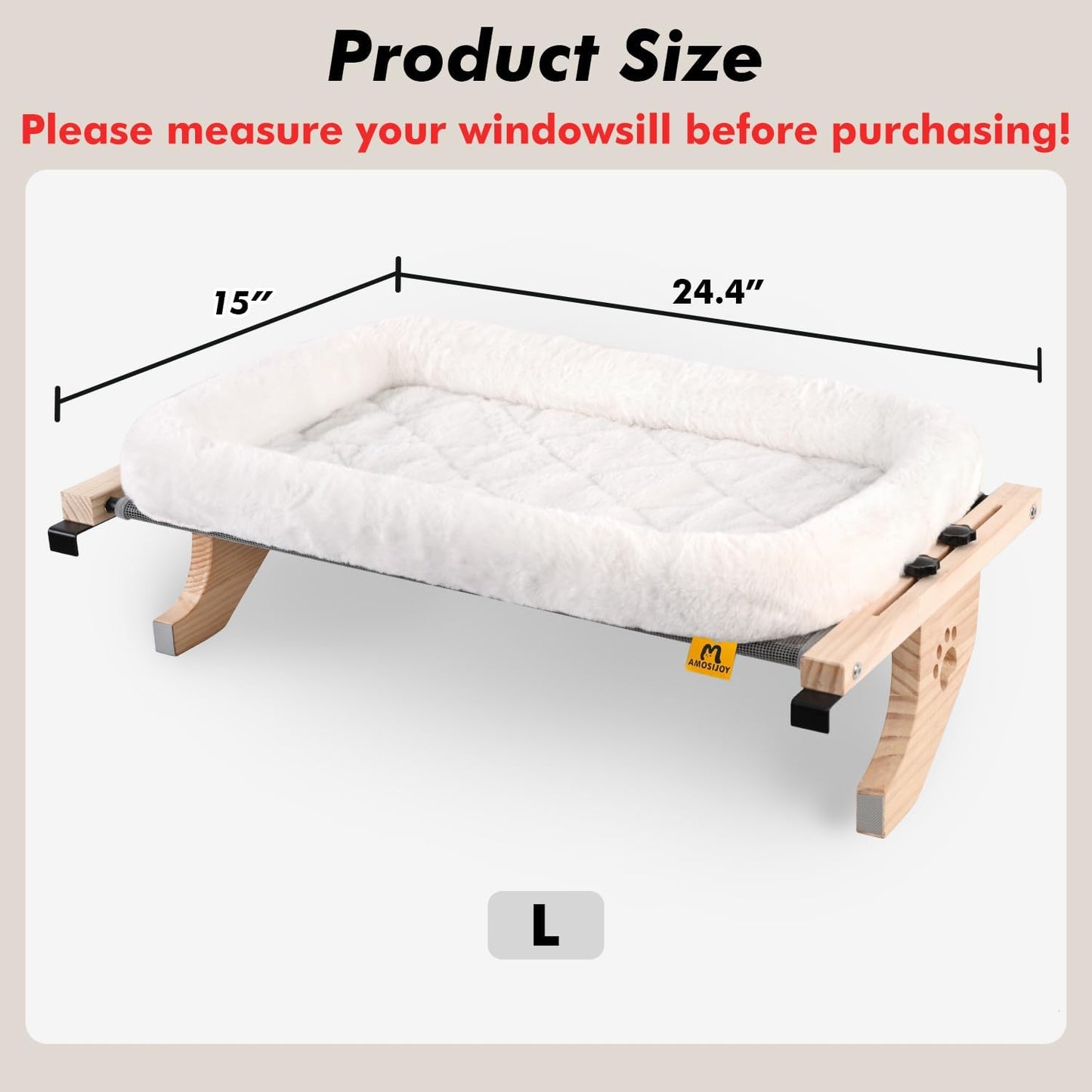 Cat Sill Window Perch Sturdy Hammock Seat with Cushion Bed Cover, Wood & Metal Frame for Large Cats, Easy to Adjust Windowsill, Bedside, Drawer and Cabinet (L)