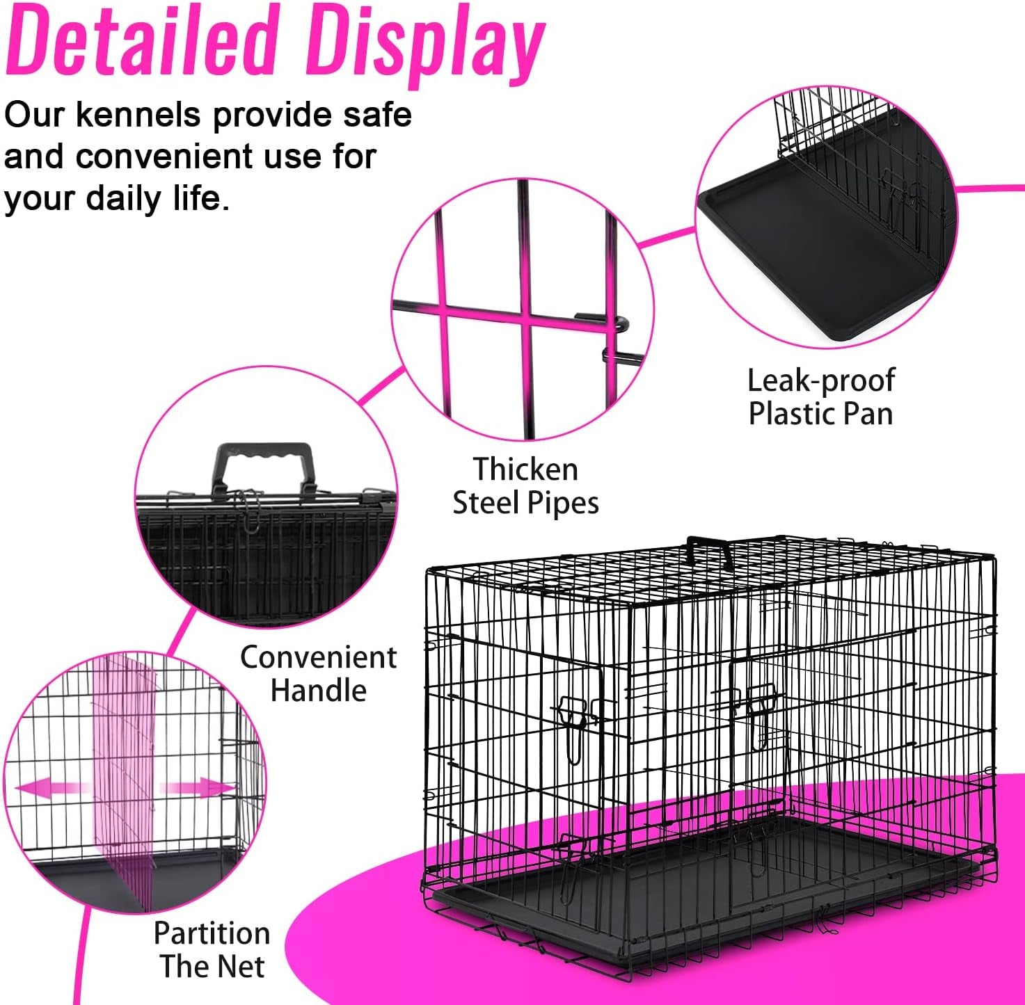 Dog Crate for Large Dogs 48 Inch Folding Metal Wirepet Cage Double Door W/Divider Panel Indoor Outdoor Kennel Leak-Proof Plastic Tray,Black