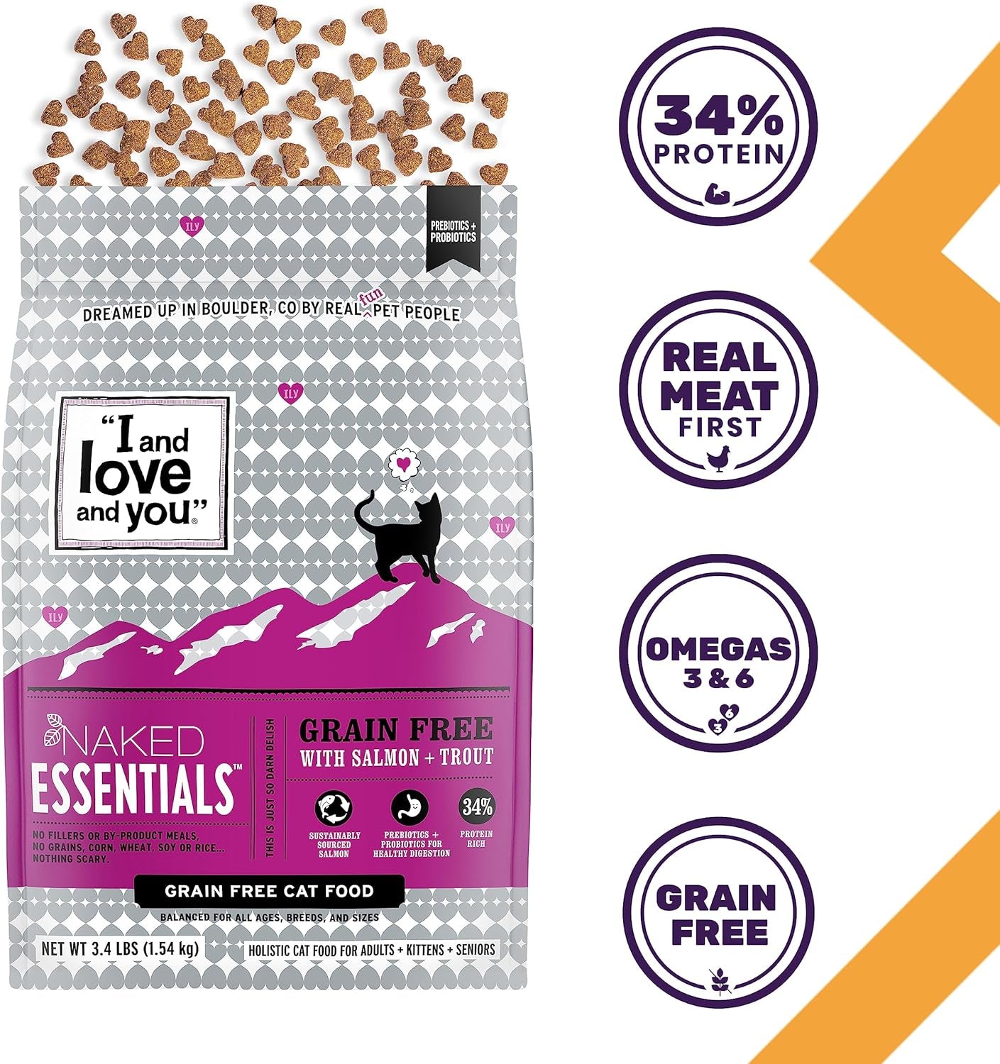 Naked Essentials Dry Cat Food - Salmon + Trout - Grain Free, Real Meat, No Fillers, Prebiotics + Probiotics, 11Lb Bag