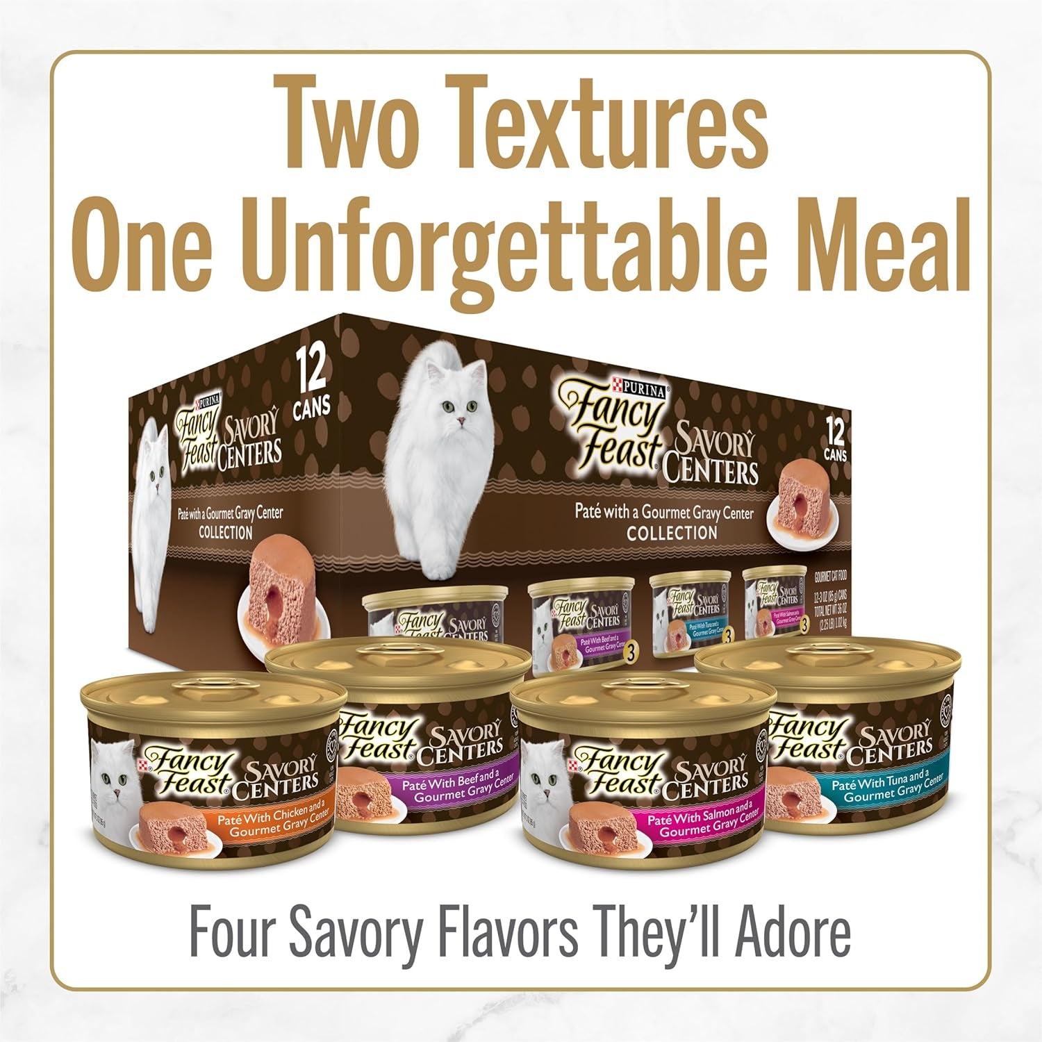 Purina  Savory Centers Wet Cat Food Pate Variety Pack with Chicken, Salmon, Beef, and Tuna Pate with Gravy Center - (2 Packs of 12) 3 Oz. Pull-Top Cans