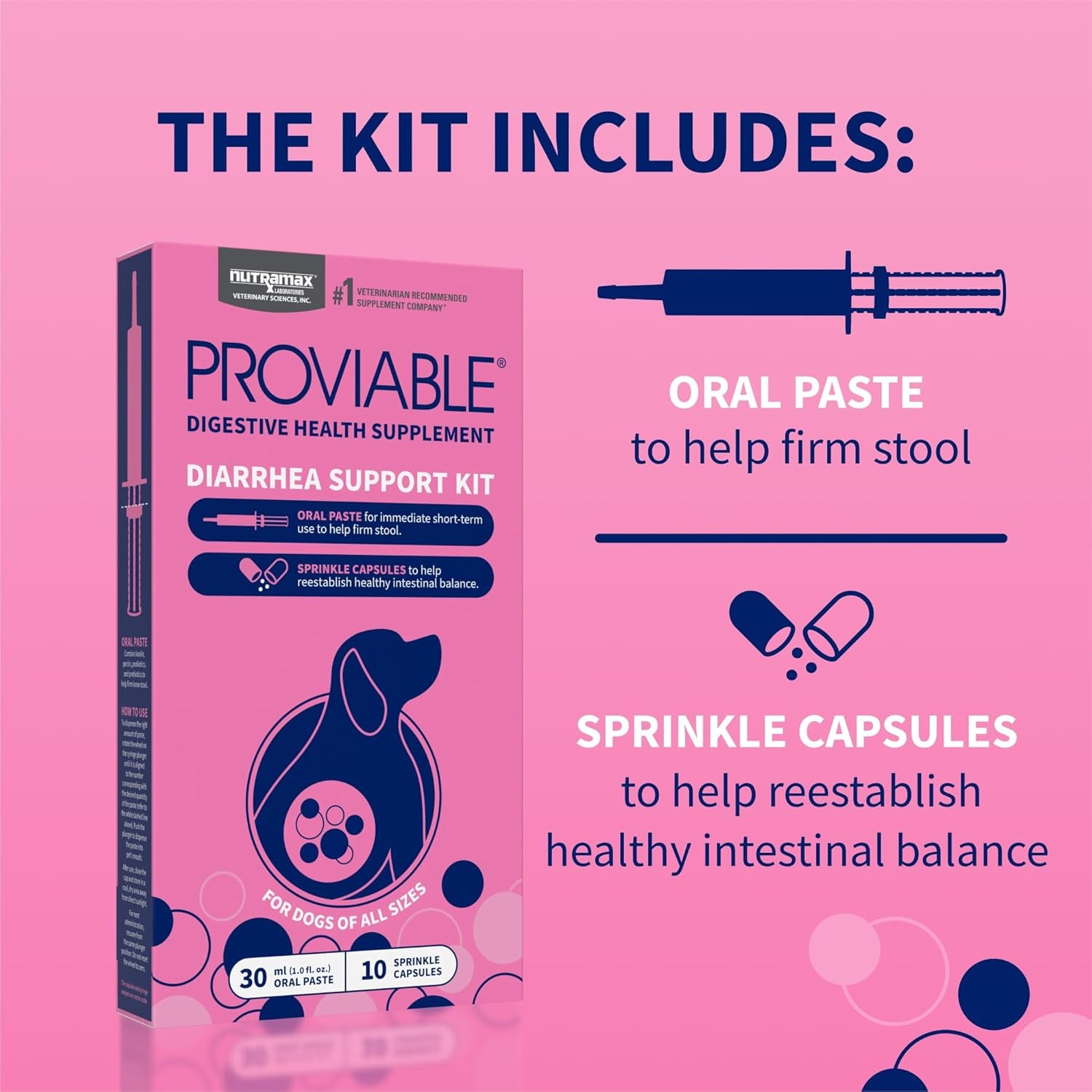 Nutramax Proviable Probiotics for Dogs, Diarrhea Support Kit, Digestive Health Supplement with Multiple Strains of Bacteria, plus Prebiotics, Kaolin and Pectin, 30 Ml Paste and 10 Capsules