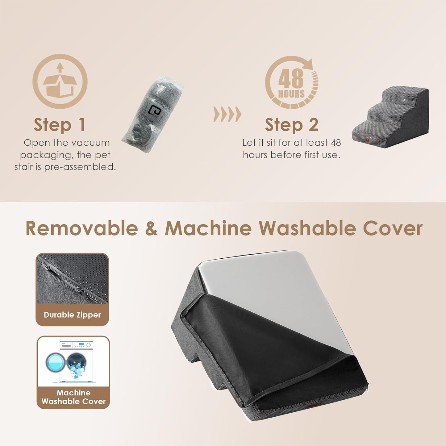 Curved Dog Stairs Ramp for Small Dogs 15.7" H, 3-Step Dog Steps for Couch Sofa and Chair, Pet Stairs for Cats, Non-Slip Balanced Pet Steps Indoor, Grey