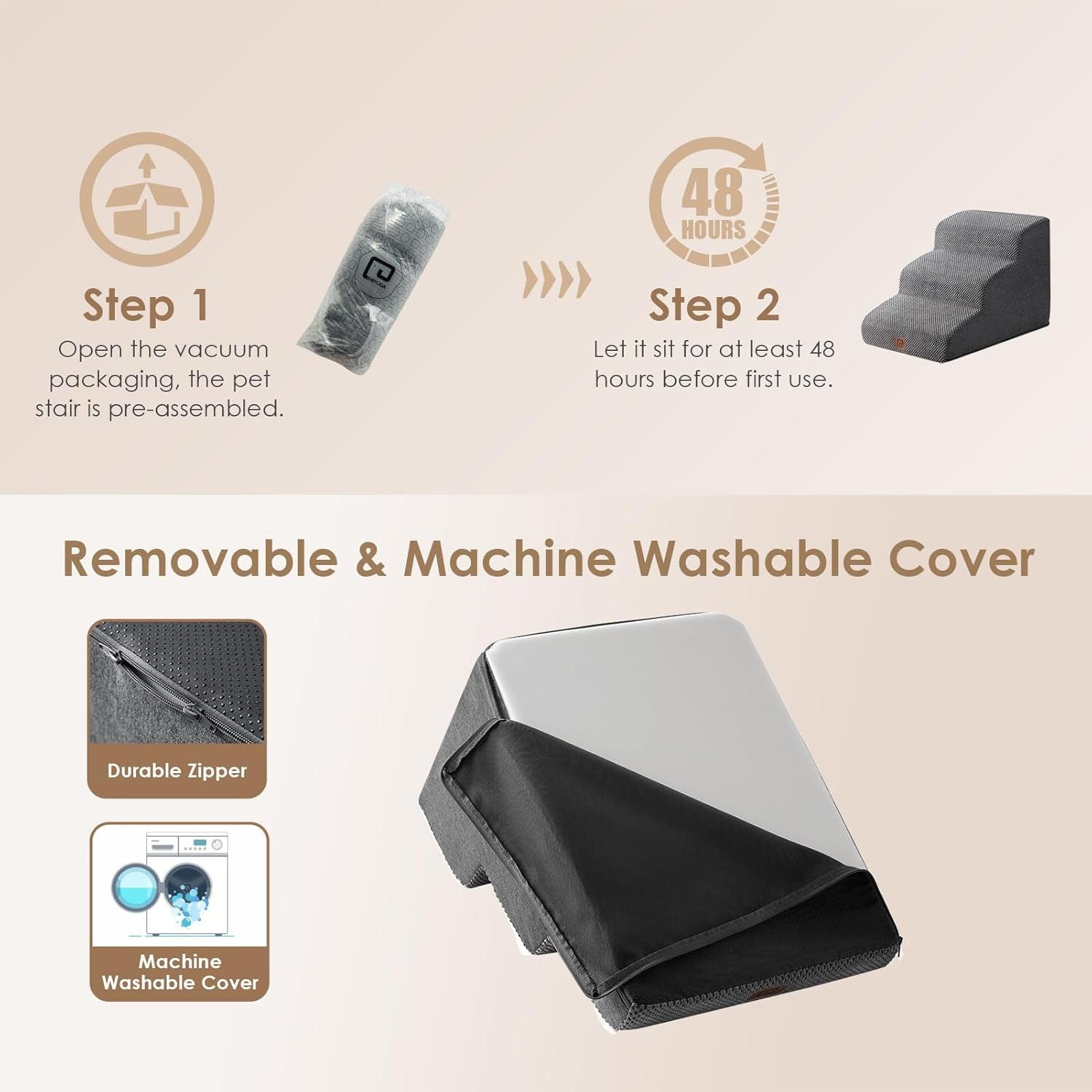 Curved Dog Stairs Ramp for Small Dogs 15.7" H, 3-Step Dog Steps for Couch Sofa and Chair, Pet Stairs for Cats, Non-Slip Balanced Pet Steps Indoor, Grey