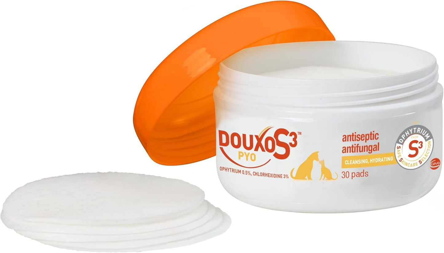 S3 Pyo Pads, Contains 3% Chlorhexidine & 0.5% Ophytrium, Antiseptic & Hydrating, for Bacterial or Yeast Skin Infections, for Dogs and Cats, 30 Pads