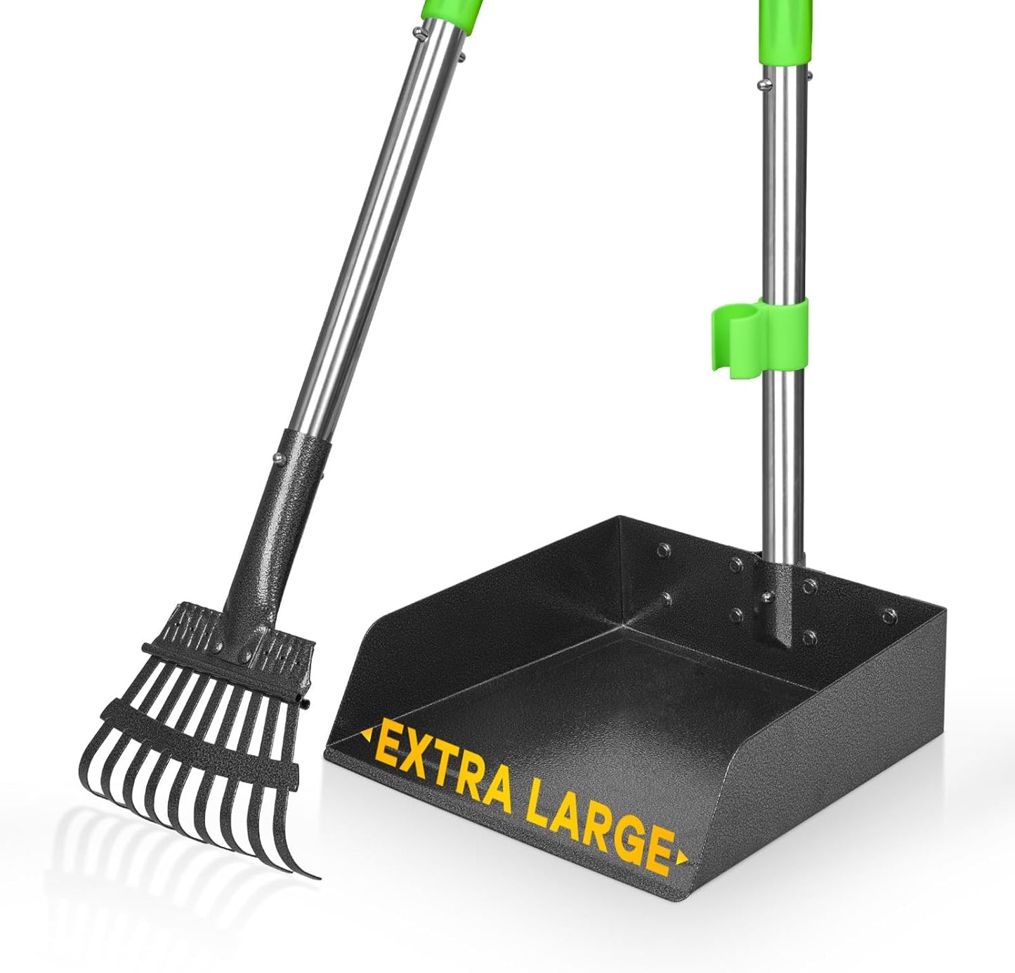 Larger Pooper Scooper for Large Dogs, Dog Pooper Scooper for Large Medium Small Dogs Long Handle Stainless Metal Tray and Rake Set Heavy Duty