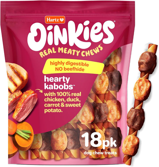 Oinkies Hearty Kabob Dog Treats with 100% Real Chicken, Duck, Sweet Potato & Carrot, Rawhide-Free, Natural Dog Treats, Highly Digestible Long Lasting Chews, 18 Count