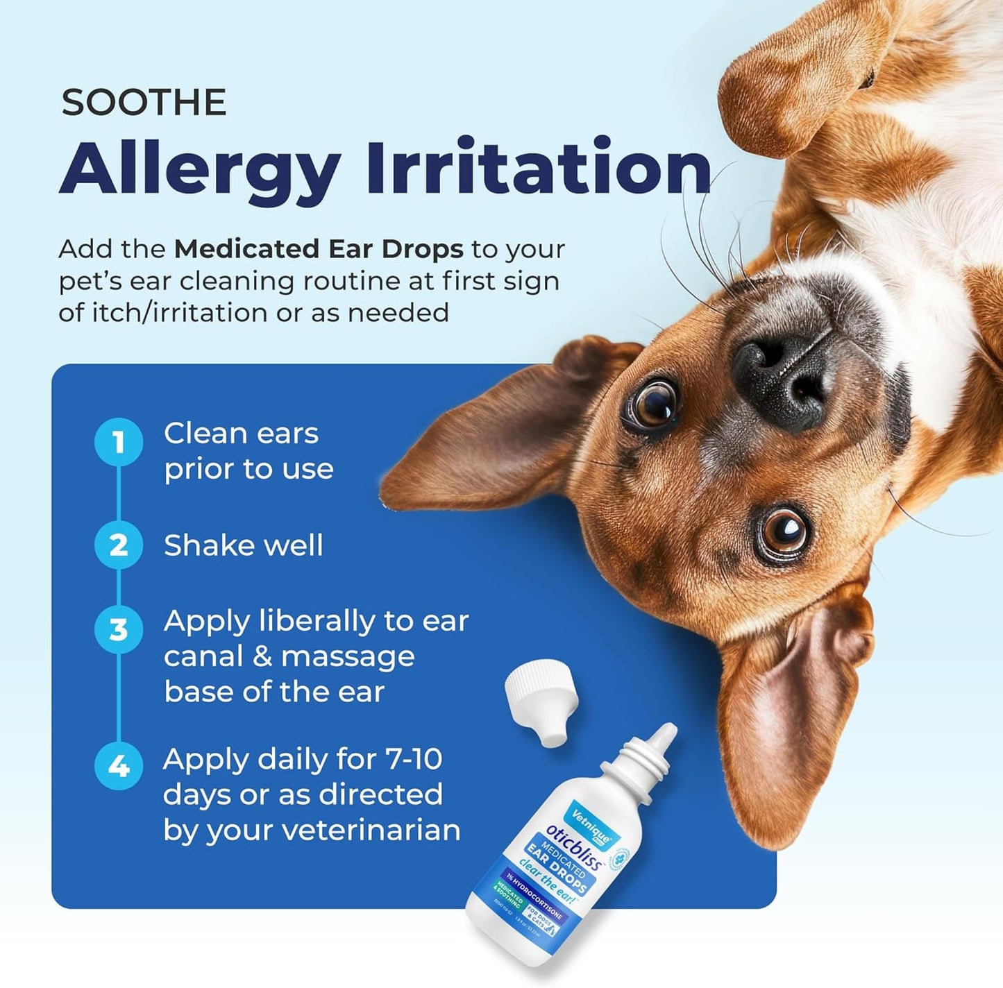 Oticbliss Medicated Cat & Dog Ear Cleaner Drops - Dog Ear Infection Treatment with 1% Hydrocortisone to Soothe Itching, Redness, & Swelling - Vet Recommended