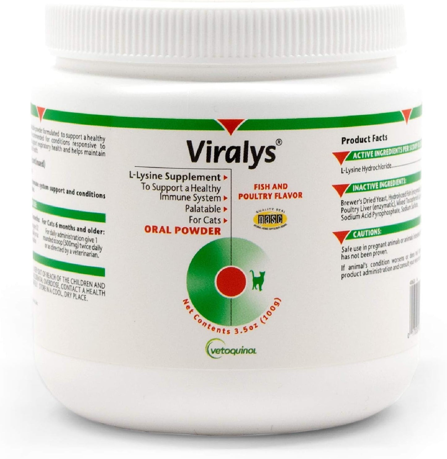 Viralys Daily L-Lysine Powder for Cats and Kittens, Fish Flavored Lysine Supplement for Cats and Kittens to Support Immune Health, Normal Eye Function and Respiratory Health, 100Gm