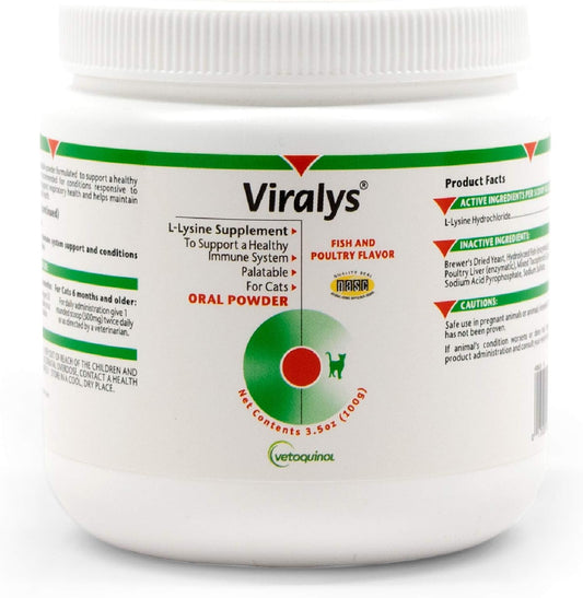 Viralys Daily L-Lysine Powder for Cats and Kittens, Fish Flavored Lysine Supplement for Cats and Kittens to Support Immune Health, Normal Eye Function and Respiratory Health, 100Gm