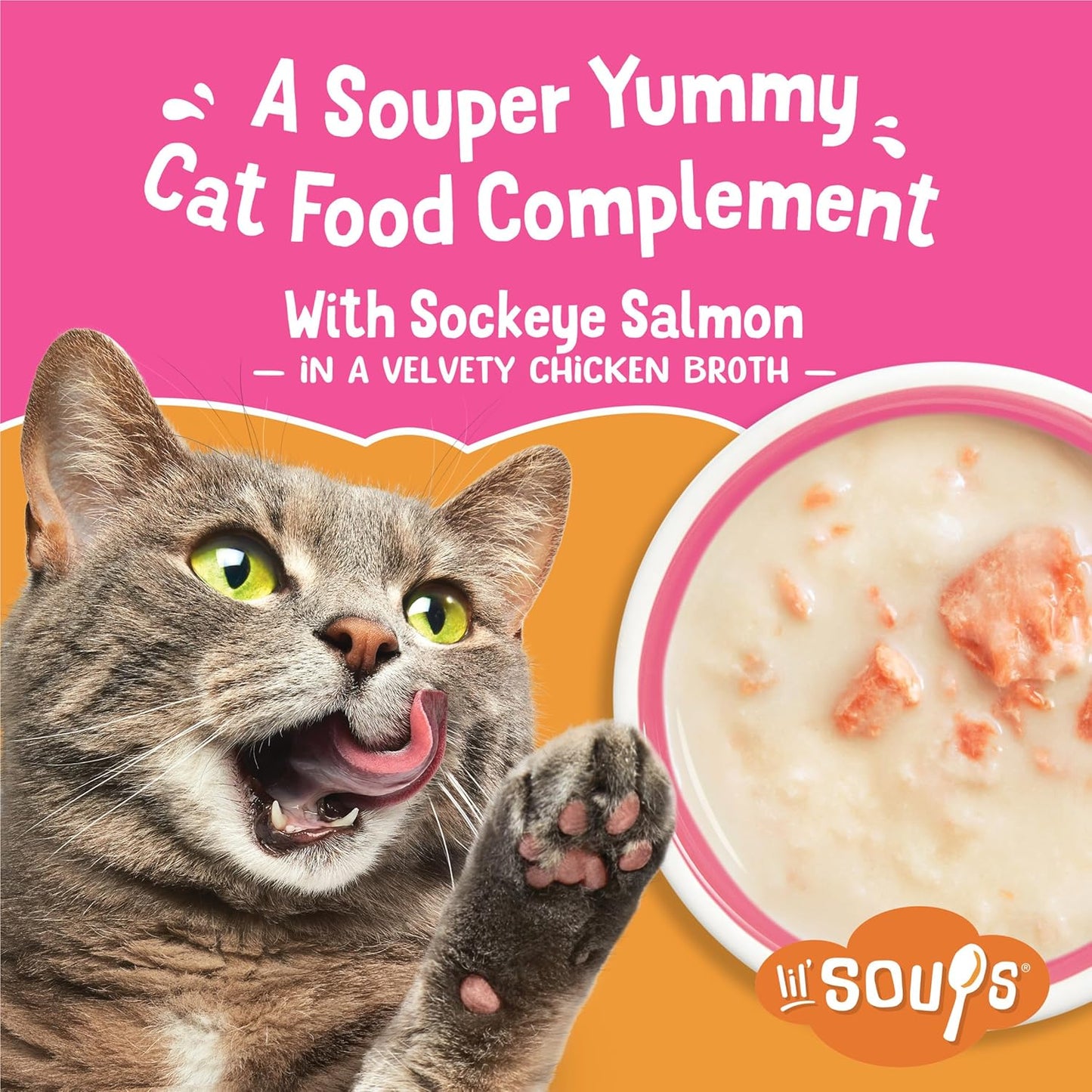 Purina  Lil’ Soups Lickable Cat Treats Toppers with Sockeye Salmon in Chicken Broth, Grain Free Cat Food Toppers, Pack of 8, 1.2 Oz Cups