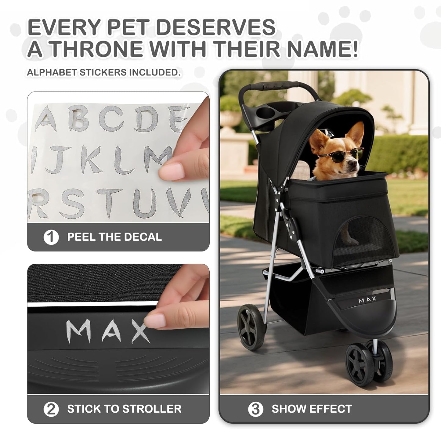 Foldable Pet Stroller with Weather Cover, 3 Wheels Pet Strolling Cart for Small/Medium Dogs and Cats with Storage Basket and Cup Holder, Breathable and Visible Mesh for All-Season, Black