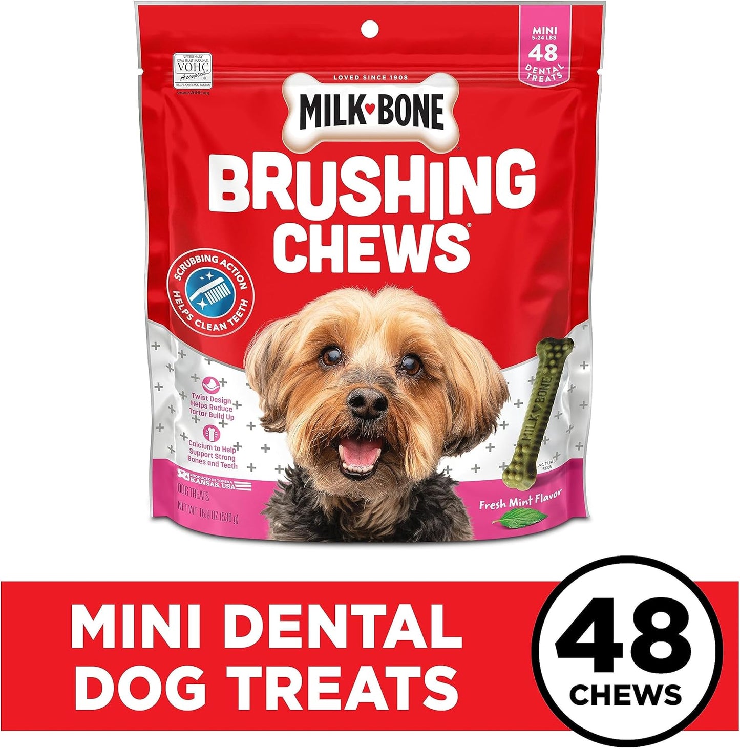 Fresh Breath Brushing Chews, 48 Mini Daily Dental Dog Treats Scrubbing Action Helps Clean Teeth