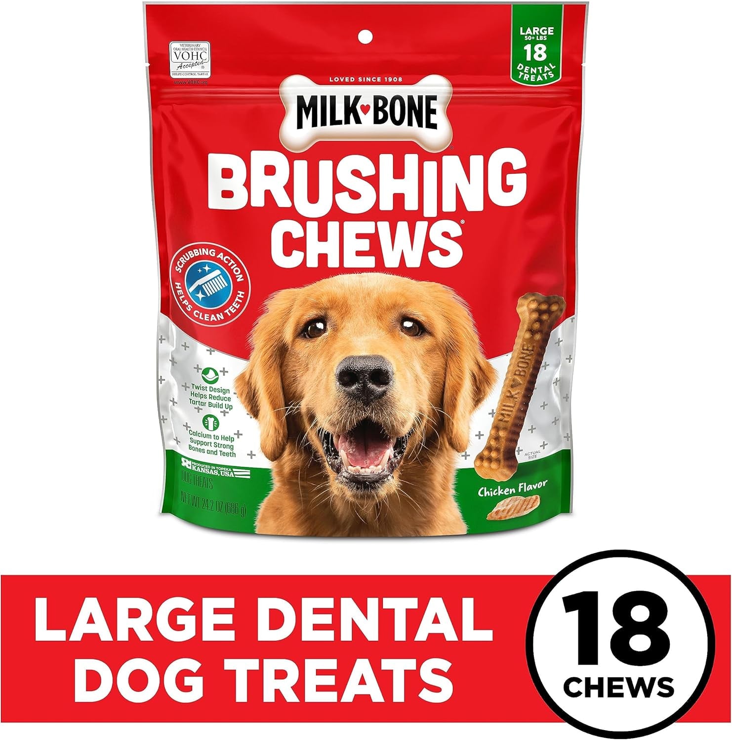 Original Brushing Chews 18 Large Daily Dental Dog Treats Scrubbing Action Helps Clean Teeth