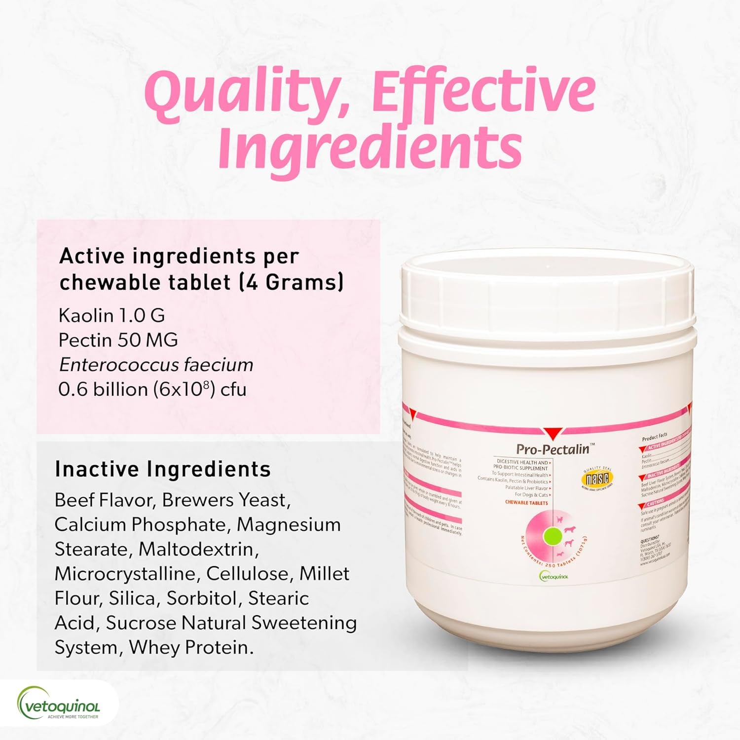 Pro-Pectalin Chewable Tablets for Dogs & Cats, Helps Relieve Occasional Diarrhea, Situational Diarrhea Relief with Kaolin and Pectin, Contains Beneficial Probiotic Bacteria, 250 Ct