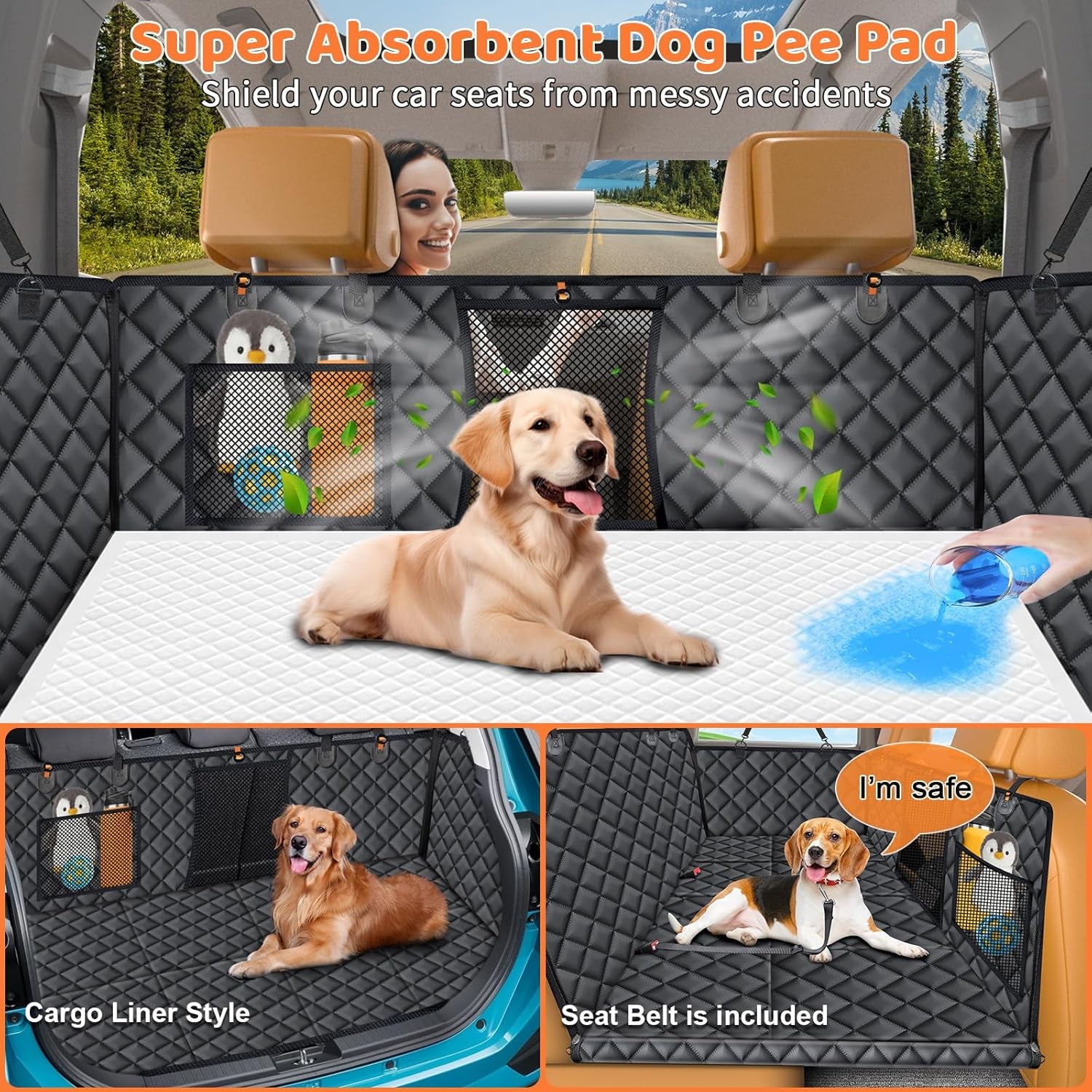 Back Seat Extender for Dogs - Hard Bottom Dog Car Seat Cover with 1PC Leak-Proof Pee Pad, Foldable Dog Hammock for Car, SUV, and Truck, Pet Rear Seat Protector Dogs Travel Bed with Mesh Window
