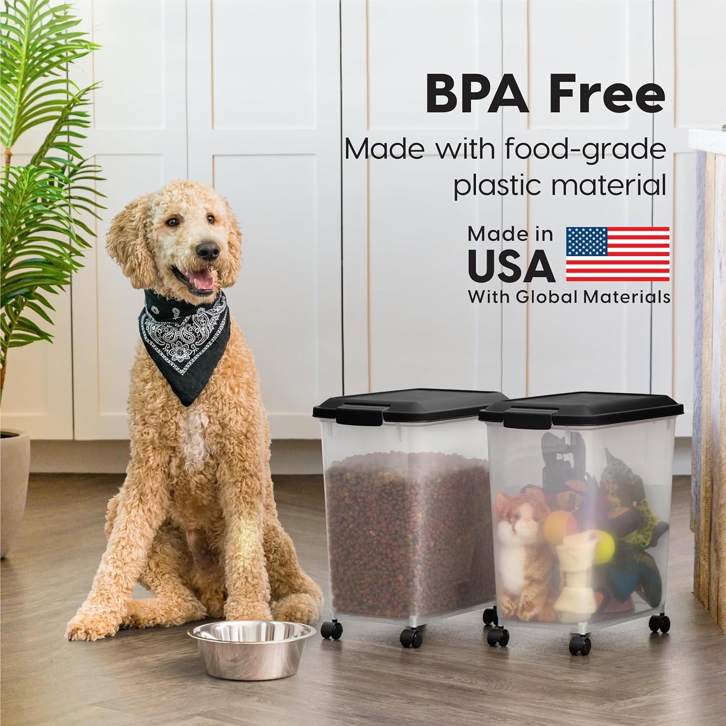 IRIS USA Dog Food Storage Container, 2 Pack, up to 30 Lbs Each, Airtight Seal for Freshness, Wheels for Rolling, Easy One Hand Opening, Made in USA, BPA Free, Clear/Black