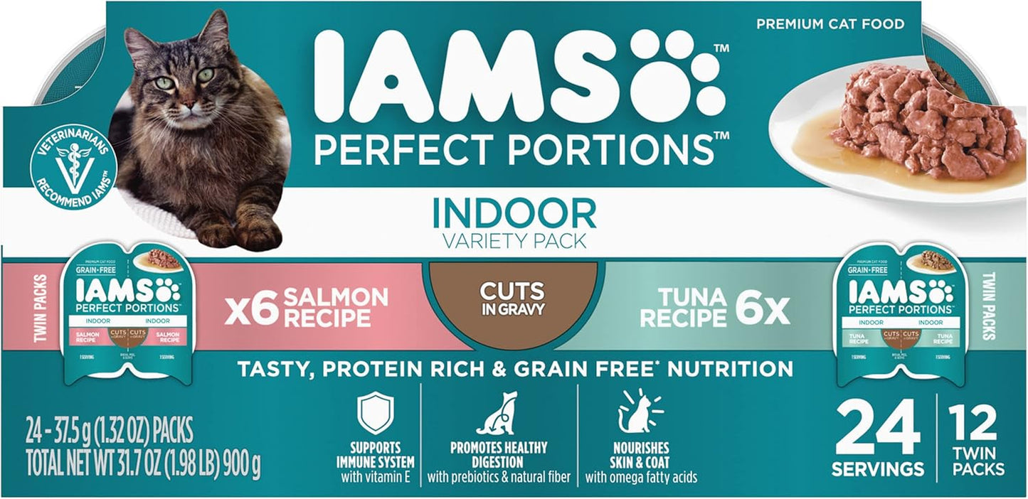 Perfect Portions Indoor Adult Wet Cat Food Cuts in Gravy Variety Pack, Salmon and Tuna Recipes, 2.6 Oz. Easy Peel Twin-Pack Trays (12 Count, 24 Servings)