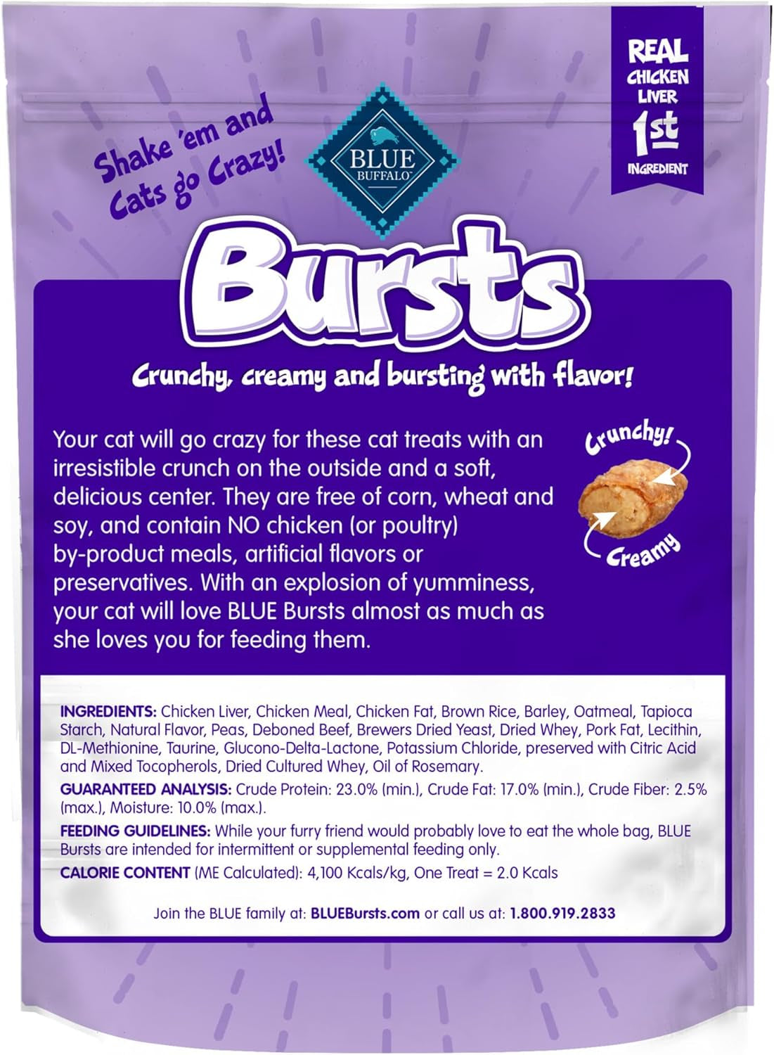 Bursts Crunchy & Creamy Cat Treats, Great for Training, Delish Liver & Beef, 5-Oz Bag