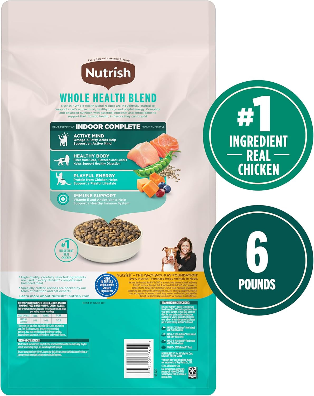 Rachael Ray  Indoor Complete Premium Natural Dry Cat Food, Chicken with Lentils & Salmon Recipe, 6 Pounds (Packaging May Vary)