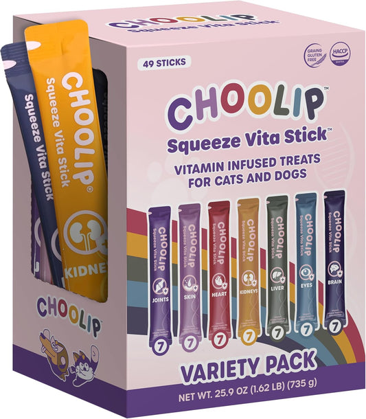 Squeeze Vita Stick Lickable Cat Treats & Dog Puree – 49-Count Variety Pack, Creamy Squeeze Tubes with Multivitamins, Grain-Free High-Protein Puree, Vet-Formulated Healthy Treats