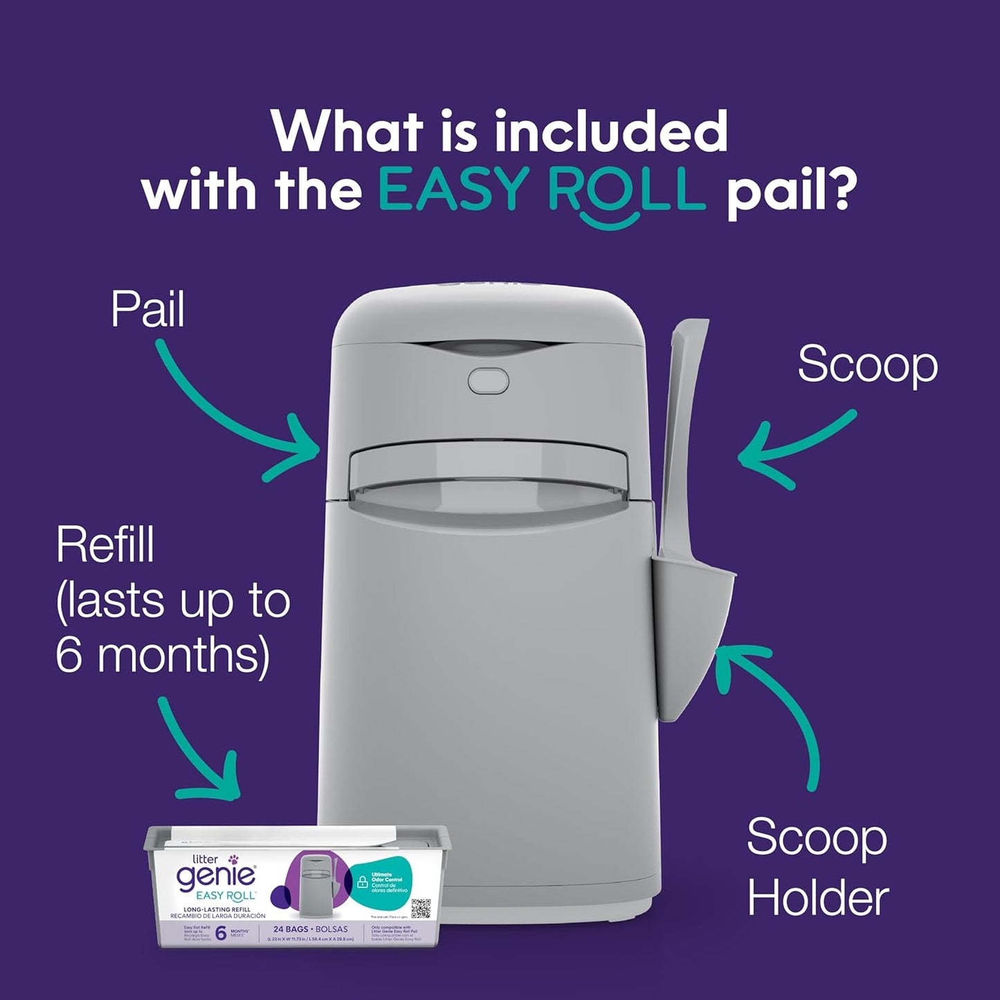 Easy Roll Pail | Cat Litter Box Waste Disposal System for Odor Control | Includes 1 Roll of 24 Easy Tear-Off Bags