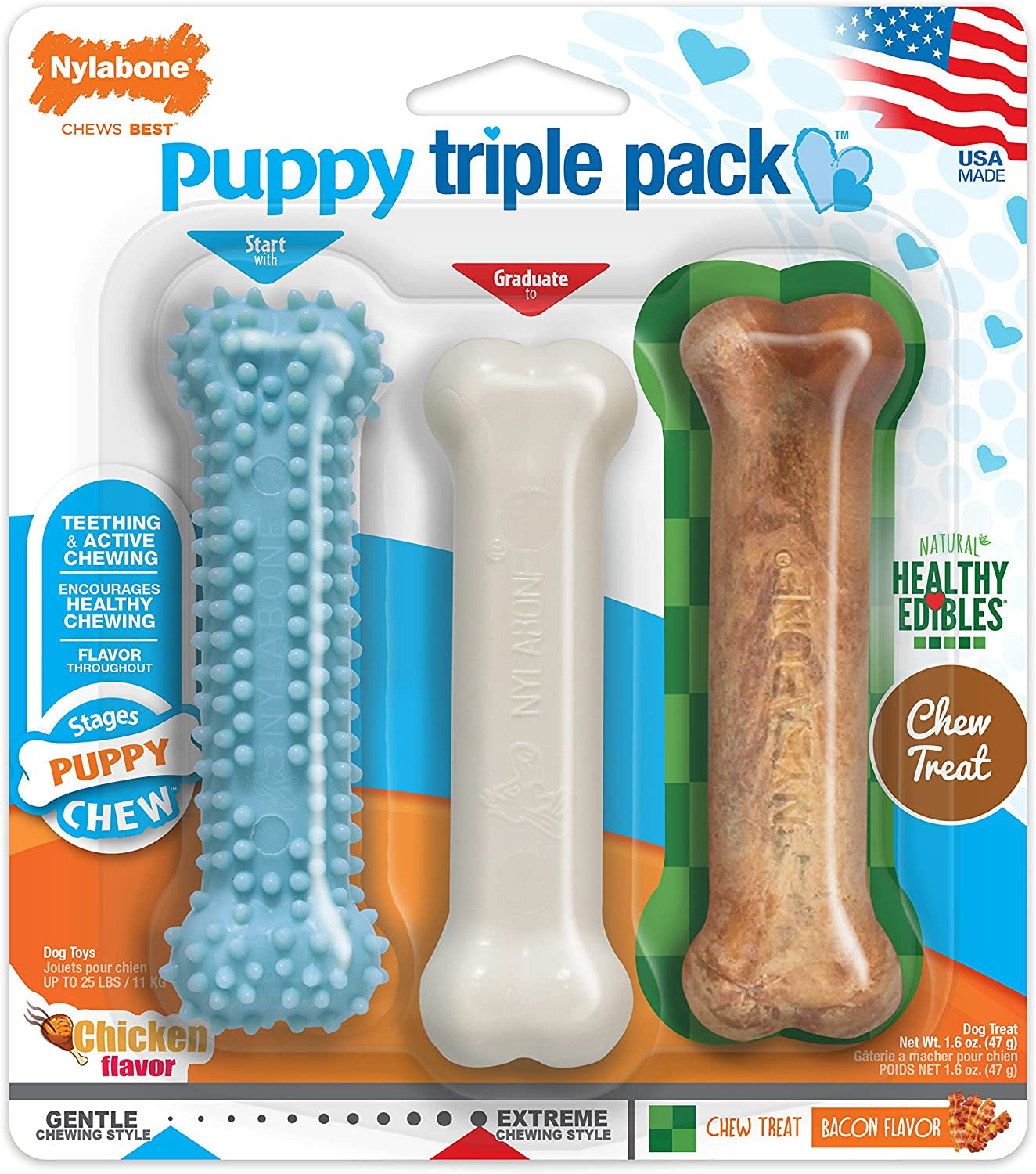Puppy Chew Toys & Natural Treat Triple Pack, Puppy Enrichment Teething Toys, Blue, Chicken & Bacon Flavor, Small Dogs - up to 25 Ibs, 3 Pack