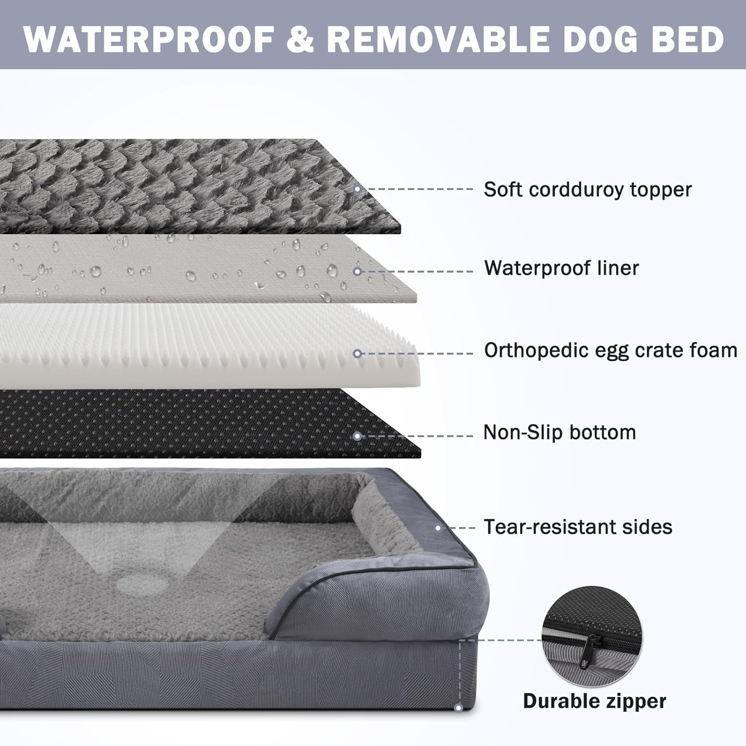 Orthopedic Dog Beds Large Sized, XL Washable Dog Sofa with Egg-Crate Foam, Waterproof Lining and Non-Skid Bottom