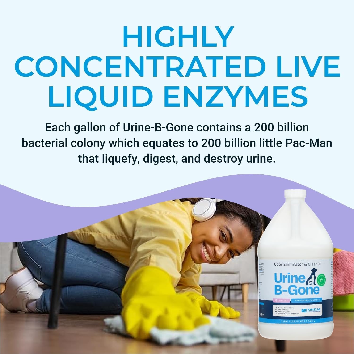 Urine B-Gone, Professional Enzyme Odor Eliminator & Pet Stain Remover, Human, Cat & Dog Urine Cleaner, Effective on Laundry, Carpets & More, Lavender Scent, 1 Gallon