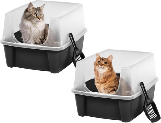 USA 2 Pack Large Cat Litter Boxes with Scatter Shield and Scoop, Open Top High Sided Cat Litter Pan, Black