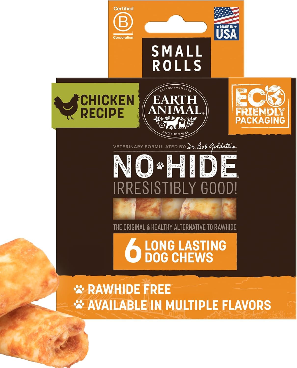 No Hide Chews - Long Lasting Rawhide Free Small Dog Chews Rolls, Chicken - 6 Count