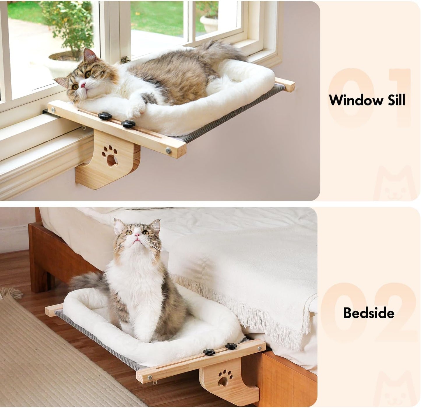 Cat Sill Window Perch Sturdy Hammock Window Seat with Cushion Cover, Wood & Metal Frame for Large Cats, Easy to Adjust Cat Bed for Windowsill, Bedside, Drawer and Cabinet (XL)