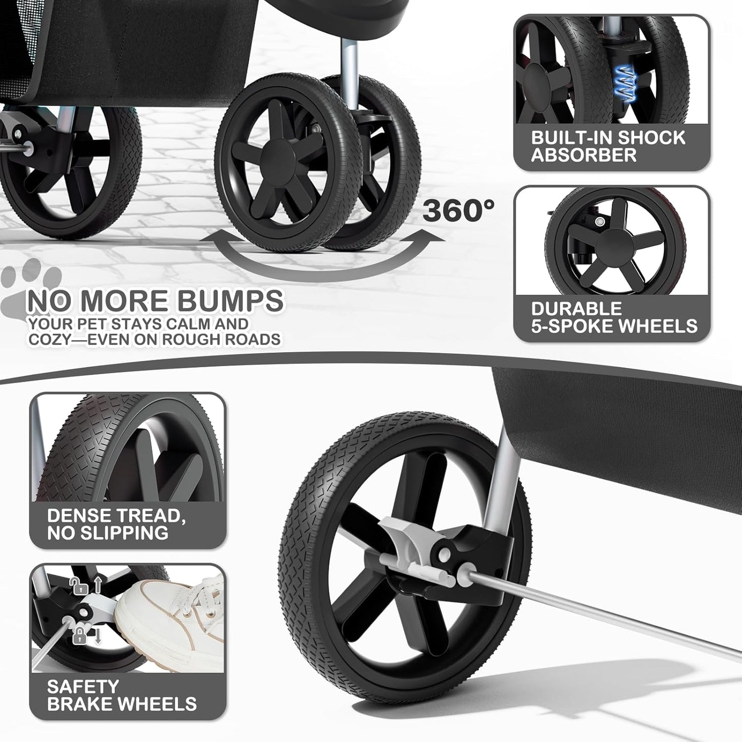 Foldable Pet Stroller with Weather Cover, 3 Wheels Pet Strolling Cart for Small/Medium Dogs and Cats with Storage Basket and Cup Holder, Breathable and Visible Mesh for All-Season, Black